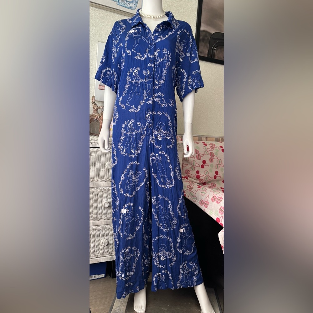 Lazy OAF “Accidents” Blue Illustrated Button Front Jumpsuit Wide Leg Plus Sz. 20 - Picture 2 of 12